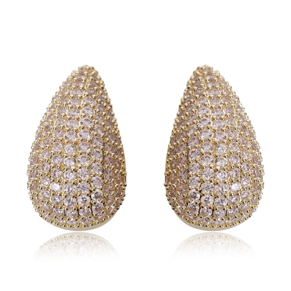 Gold Pave Teardrop Stud Earrings - Sparkling Gold Tone